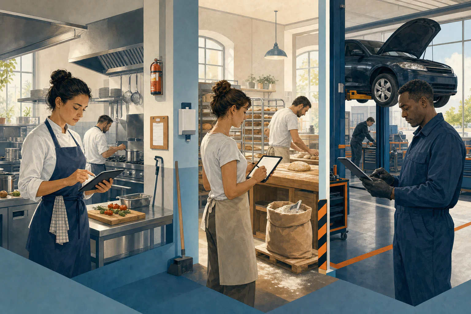 Professionnels en restaurant, boulangerie et garage observant leurs situations de travail